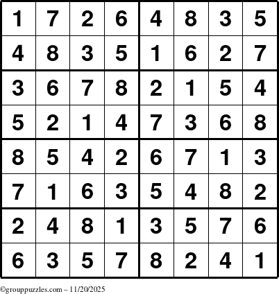 The grouppuzzles.com Answer grid for the Sudoku-8 puzzle for Thursday November 20, 2025