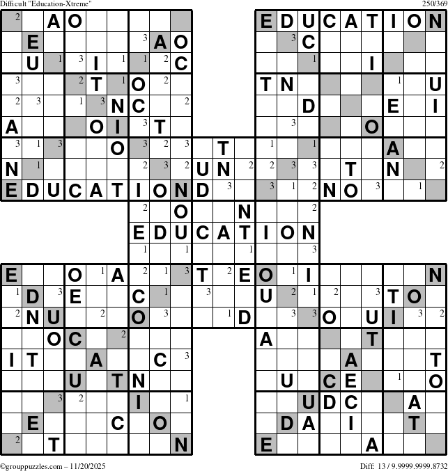 The grouppuzzles.com Difficult Education-Xtreme puzzle for Thursday November 20, 2025 with the first 3 steps marked