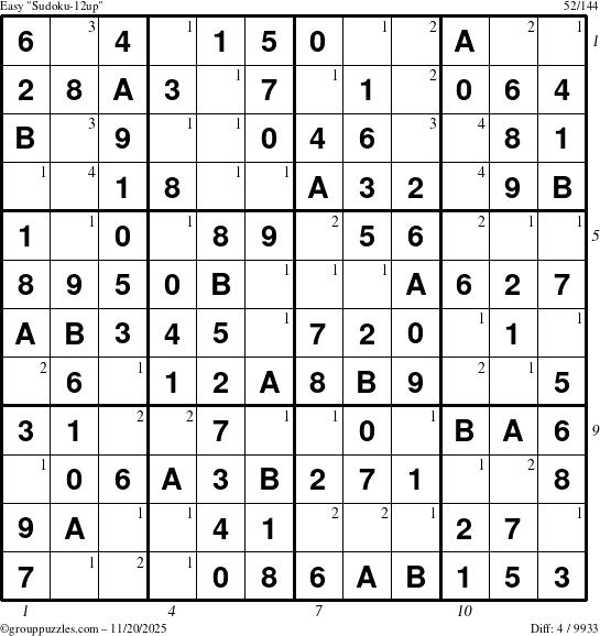The grouppuzzles.com Easy Sudoku-12up puzzle for Thursday November 20, 2025, suitable for printing, with all 4 steps marked
