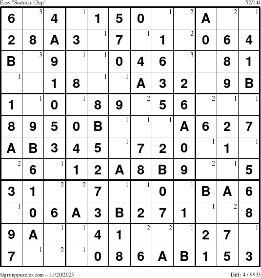 The grouppuzzles.com Easy Sudoku-12up puzzle for Thursday November 20, 2025 with the first 3 steps marked
