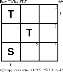 The grouppuzzles.com Easy TicTac-STU puzzle for Thursday November 20, 2025, suitable for printing, with all 2 steps marked