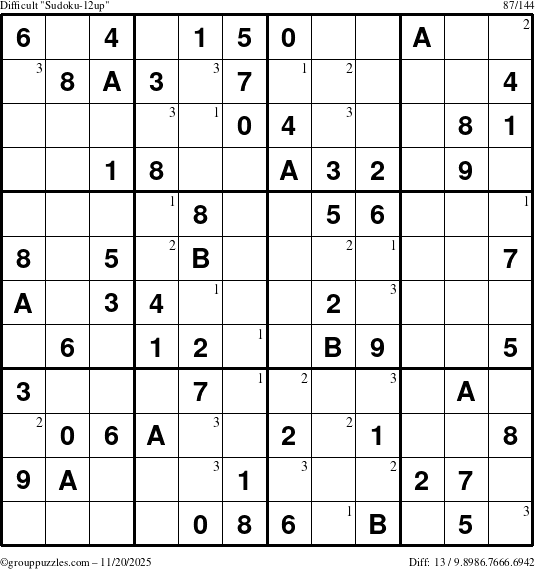 The grouppuzzles.com Difficult Sudoku-12up puzzle for Thursday November 20, 2025 with the first 3 steps marked