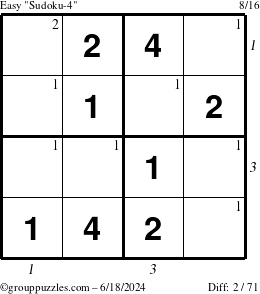 The grouppuzzles.com Easy Sudoku-4 puzzle for Tuesday June 18, 2024 with all 2 steps marked