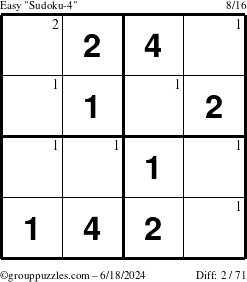 The grouppuzzles.com Easy Sudoku-4 puzzle for Tuesday June 18, 2024 with the first 2 steps marked