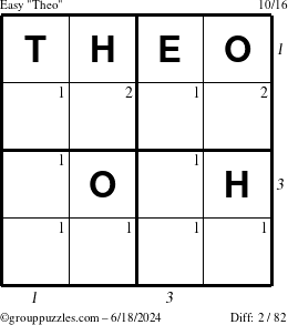 The grouppuzzles.com Easy Theo puzzle for Tuesday June 18, 2024 with all 2 steps marked