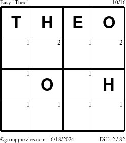 The grouppuzzles.com Easy Theo puzzle for Tuesday June 18, 2024 with the first 2 steps marked