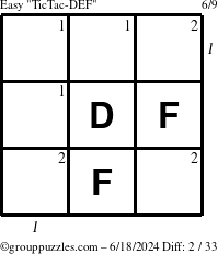 The grouppuzzles.com Easy TicTac-DEF puzzle for Tuesday June 18, 2024 with all 2 steps marked