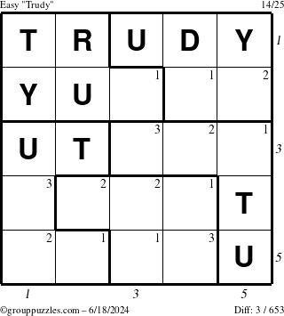 The grouppuzzles.com Easy Trudy puzzle for Tuesday June 18, 2024 with all 3 steps marked