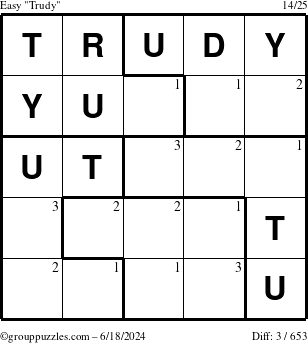 The grouppuzzles.com Easy Trudy puzzle for Tuesday June 18, 2024 with the first 3 steps marked