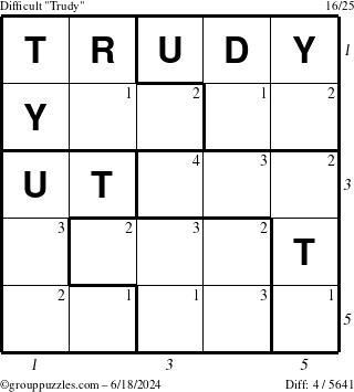 The grouppuzzles.com Difficult Trudy puzzle for Tuesday June 18, 2024, suitable for printing, with all 4 steps marked