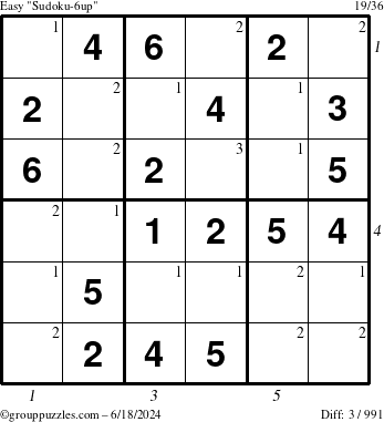 The grouppuzzles.com Easy Sudoku-6up puzzle for Tuesday June 18, 2024 with all 3 steps marked