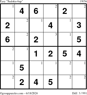 The grouppuzzles.com Easy Sudoku-6up puzzle for Tuesday June 18, 2024 with the first 3 steps marked