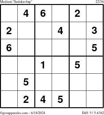 The grouppuzzles.com Medium Sudoku-6up puzzle for Tuesday June 18, 2024