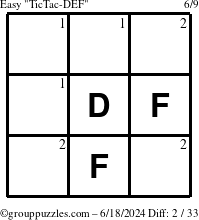 The grouppuzzles.com Easy TicTac-DEF puzzle for Tuesday June 18, 2024 with the first 2 steps marked