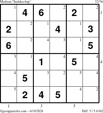 The grouppuzzles.com Medium Sudoku-6up puzzle for Tuesday June 18, 2024, suitable for printing, with all 5 steps marked