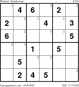 The grouppuzzles.com Medium Sudoku-6up puzzle for Tuesday June 18, 2024 with the first 3 steps marked