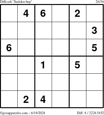 The grouppuzzles.com Difficult Sudoku-6up puzzle for Tuesday June 18, 2024