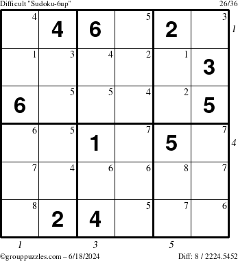 The grouppuzzles.com Difficult Sudoku-6up puzzle for Tuesday June 18, 2024 with all 8 steps marked