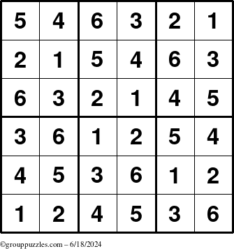 The grouppuzzles.com Answer grid for the Sudoku-6up puzzle for Tuesday June 18, 2024