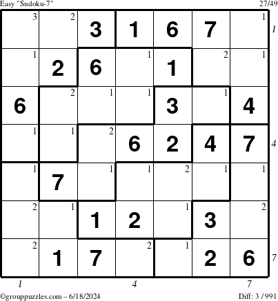 The grouppuzzles.com Easy Sudoku-7 puzzle for Tuesday June 18, 2024, suitable for printing, with all 3 steps marked