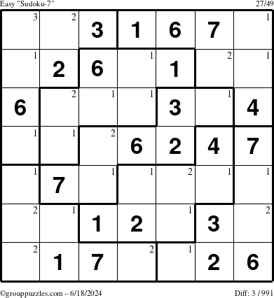 The grouppuzzles.com Easy Sudoku-7 puzzle for Tuesday June 18, 2024 with the first 3 steps marked