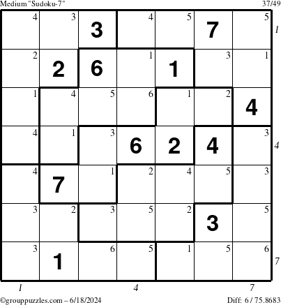 The grouppuzzles.com Medium Sudoku-7 puzzle for Tuesday June 18, 2024, suitable for printing, with all 6 steps marked