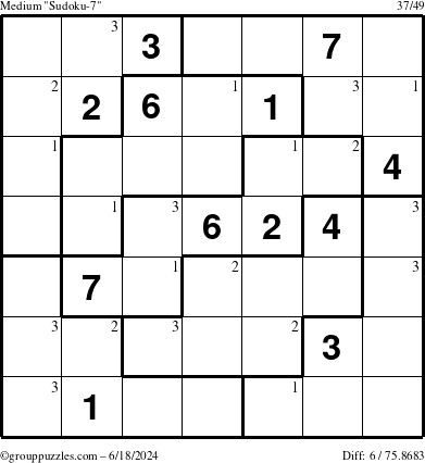 The grouppuzzles.com Medium Sudoku-7 puzzle for Tuesday June 18, 2024 with the first 3 steps marked