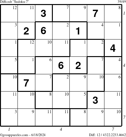 The grouppuzzles.com Difficult Sudoku-7 puzzle for Tuesday June 18, 2024 with all 12 steps marked