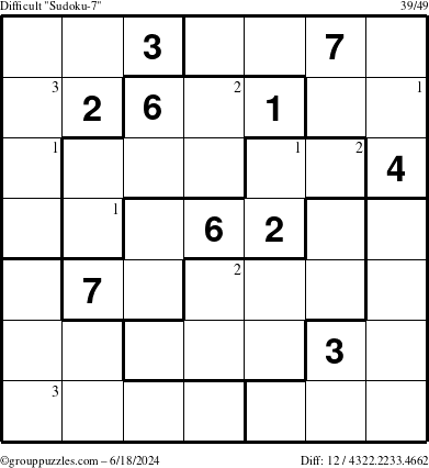 The grouppuzzles.com Difficult Sudoku-7 puzzle for Tuesday June 18, 2024 with the first 3 steps marked