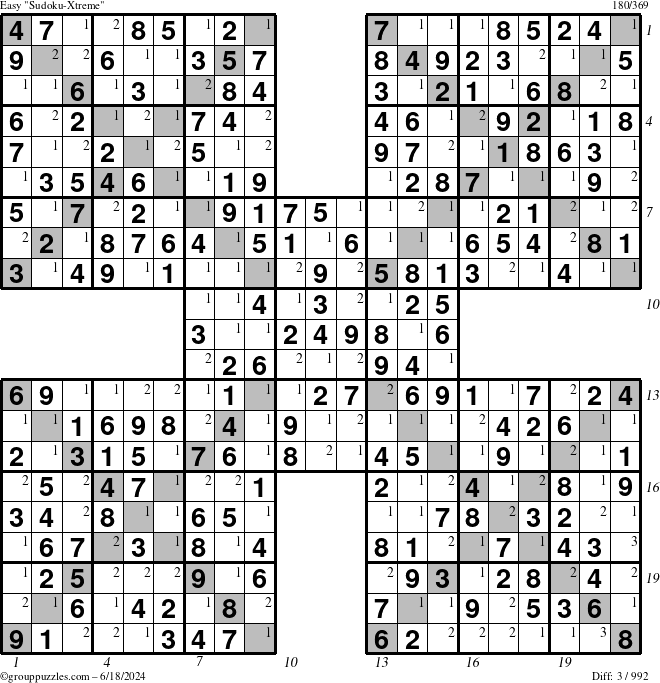 The grouppuzzles.com Easy Sudoku-Xtreme puzzle for Tuesday June 18, 2024 with all 3 steps marked