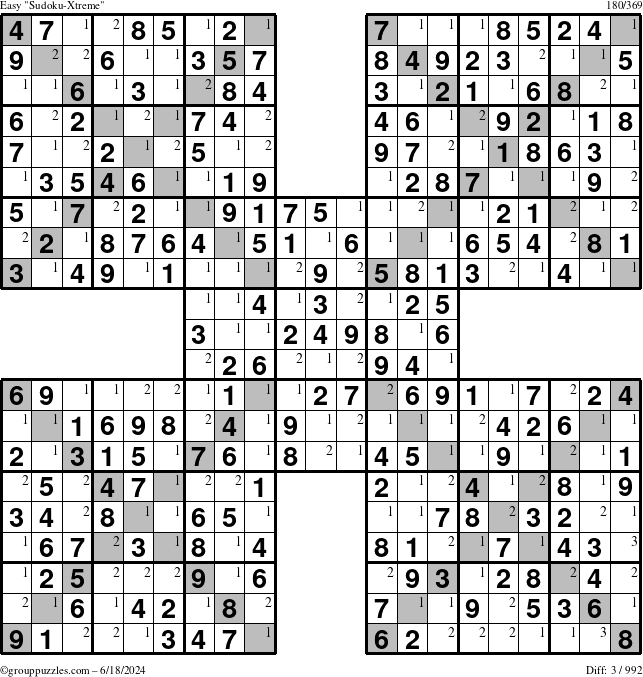 The grouppuzzles.com Easy Sudoku-Xtreme puzzle for Tuesday June 18, 2024 with the first 3 steps marked