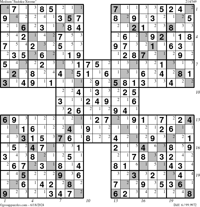 The grouppuzzles.com Medium Sudoku-Xtreme puzzle for Tuesday June 18, 2024, suitable for printing, with all 6 steps marked