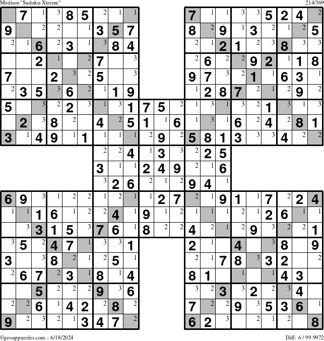 The grouppuzzles.com Medium Sudoku-Xtreme puzzle for Tuesday June 18, 2024 with the first 3 steps marked