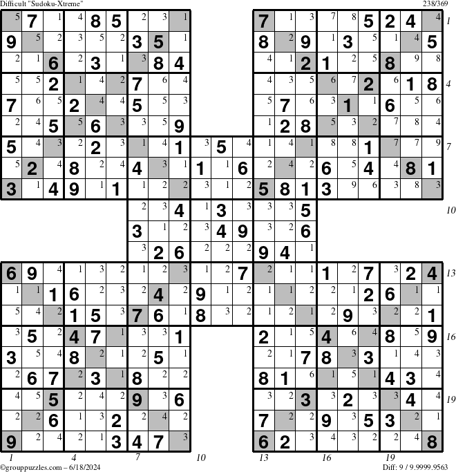 The grouppuzzles.com Difficult Sudoku-Xtreme puzzle for Tuesday June 18, 2024 with all 9 steps marked