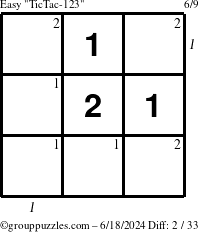 The grouppuzzles.com Easy TicTac-123 puzzle for Tuesday June 18, 2024 with all 2 steps marked