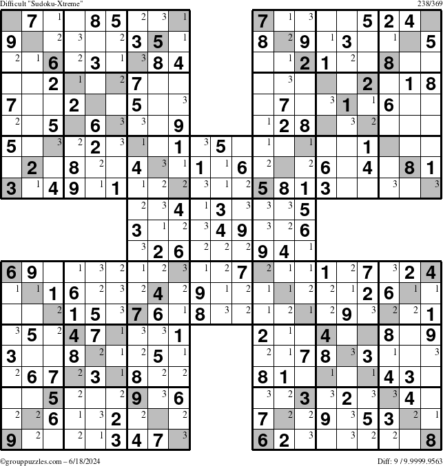 The grouppuzzles.com Difficult Sudoku-Xtreme puzzle for Tuesday June 18, 2024 with the first 3 steps marked