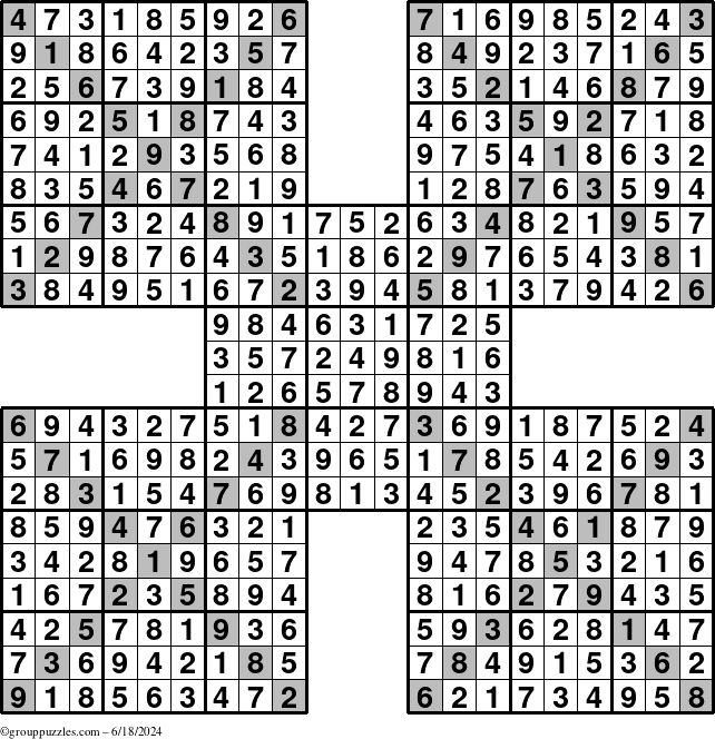 The grouppuzzles.com Answer grid for the Sudoku-Xtreme puzzle for Tuesday June 18, 2024