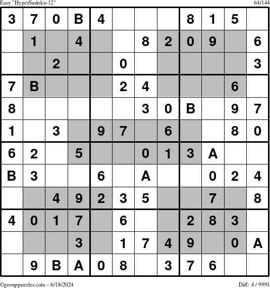 The grouppuzzles.com Easy HyperSudoku-12 puzzle for Tuesday June 18, 2024