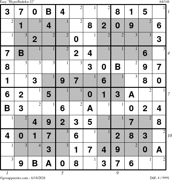 The grouppuzzles.com Easy HyperSudoku-12 puzzle for Tuesday June 18, 2024 with all 4 steps marked