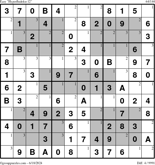 The grouppuzzles.com Easy HyperSudoku-12 puzzle for Tuesday June 18, 2024 with the first 3 steps marked