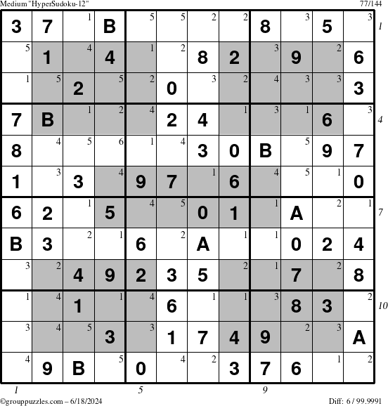 The grouppuzzles.com Medium HyperSudoku-12 puzzle for Tuesday June 18, 2024 with all 6 steps marked