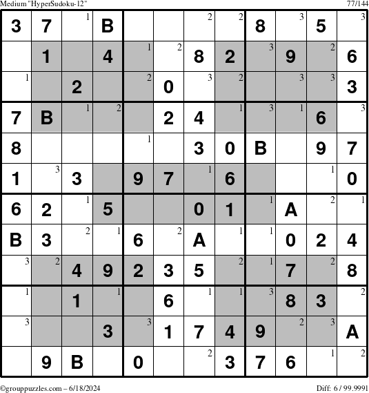 The grouppuzzles.com Medium HyperSudoku-12 puzzle for Tuesday June 18, 2024 with the first 3 steps marked