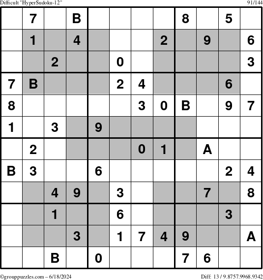 The grouppuzzles.com Difficult HyperSudoku-12 puzzle for Tuesday June 18, 2024