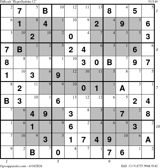 The grouppuzzles.com Difficult HyperSudoku-12 puzzle for Tuesday June 18, 2024 with all 13 steps marked