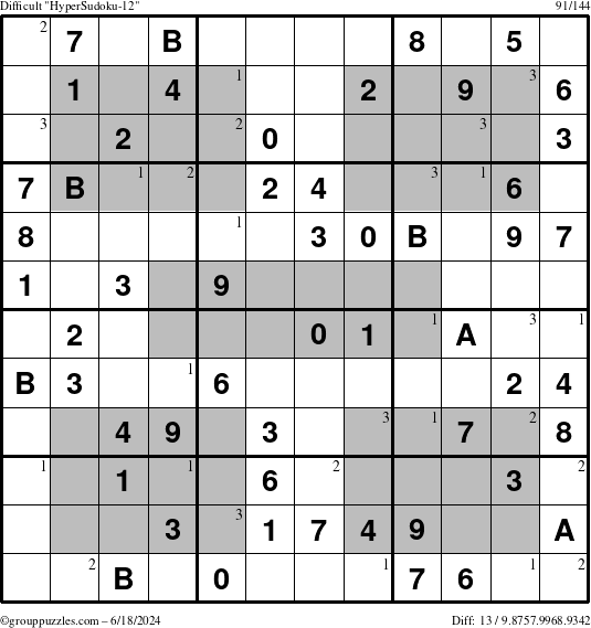 The grouppuzzles.com Difficult HyperSudoku-12 puzzle for Tuesday June 18, 2024 with the first 3 steps marked