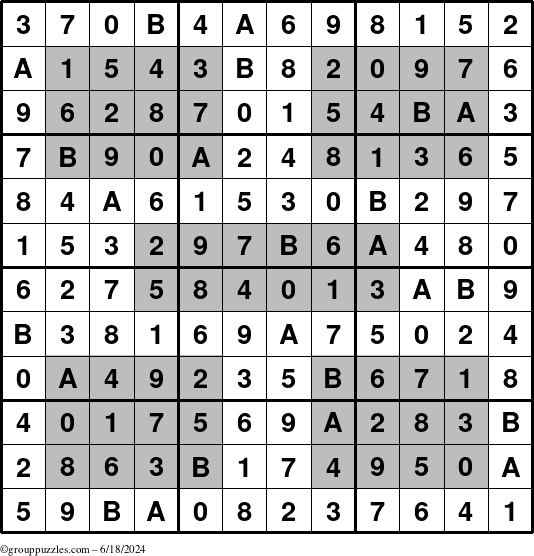 The grouppuzzles.com Answer grid for the HyperSudoku-12 puzzle for Tuesday June 18, 2024