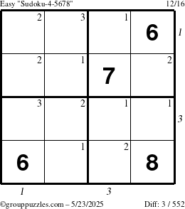 The grouppuzzles.com Easy Sudoku-4-5678 puzzle for Friday May 23, 2025 with all 3 steps marked
