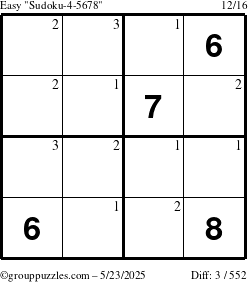 The grouppuzzles.com Easy Sudoku-4-5678 puzzle for Friday May 23, 2025 with the first 3 steps marked
