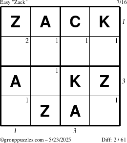 The grouppuzzles.com Easy Zack puzzle for Friday May 23, 2025 with all 2 steps marked