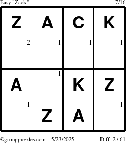 The grouppuzzles.com Easy Zack puzzle for Friday May 23, 2025 with the first 2 steps marked